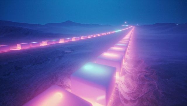 Endless glowing neon cubes in futuristic desert landscape