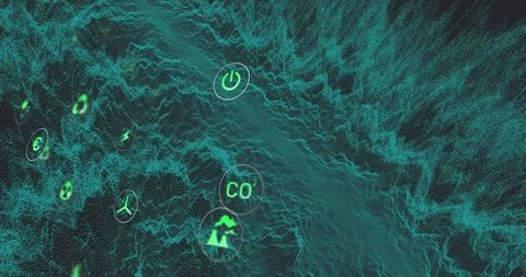 Neon tech terrain floating co emissions, renewable energy and currency icons over teal mesh