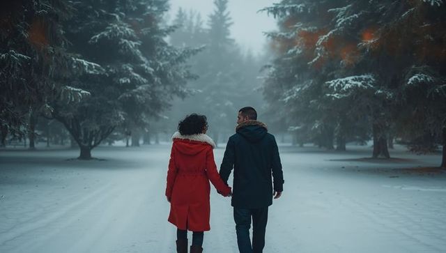 Romantic Winter Walk Couple Holding Hands in Snowy Forest