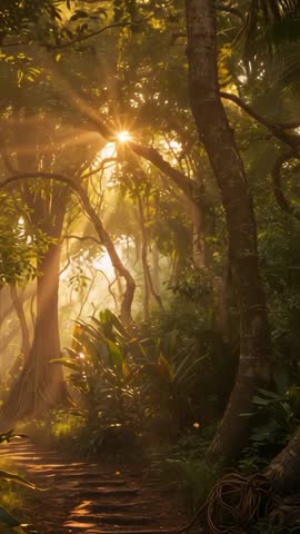 Sunbeam Streaming Through Jungle Path at Golden Hour Vertical Video for Nature Projects