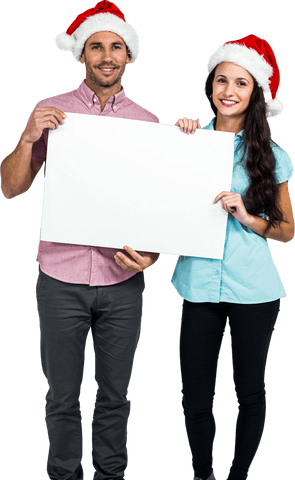 festive couple holding blank transparent sign with santa hats - Download Free Stock Videos Pikwizard.com