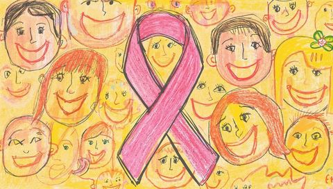Colorful Pink Ribbon Surrounded by Smiling Faces for Awareness