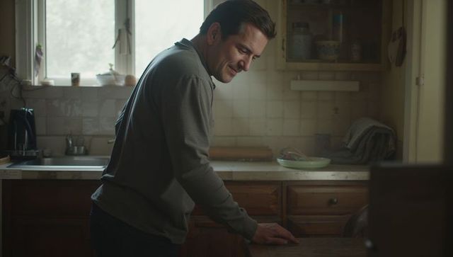 Midlife man leaning over kitchen counter in warm natural daylight, cozy home moment