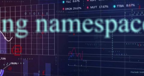 Cyan namespace blurring over digital analytics dashboard with binary code and charts