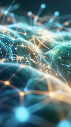 Pulsing Digital Network Waves Connecting Glowing Nodes, Lines, Futuristic Vertical Motion Loop