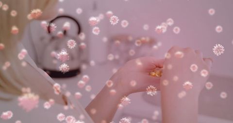Caucasian Woman Taking Pills with Floating Virus Particles