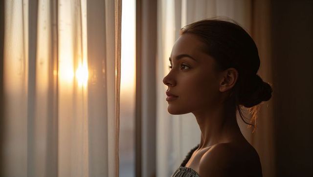 Young woman gazing through sheer curtains at golden hour sunlight, contemplative portrait