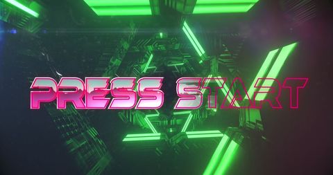 Neon Light Press Start Banner in Futuristic Tunnel