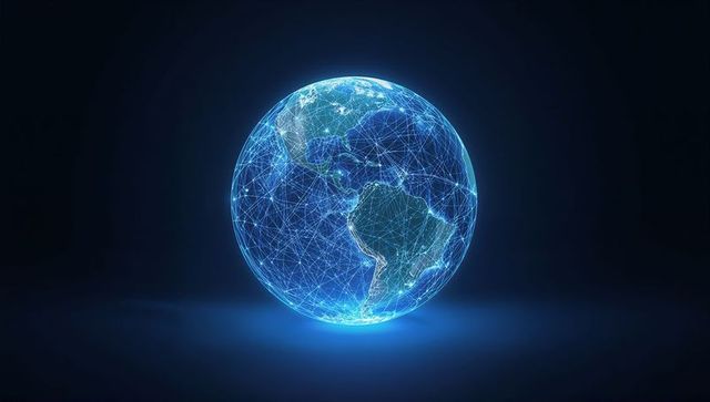 Holographic Earth Globe Connecting Global Digital Networks with Neon Light Grid