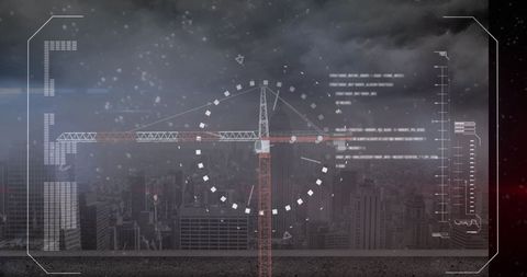 Futuristic crane hologram overlooking urban cityscape