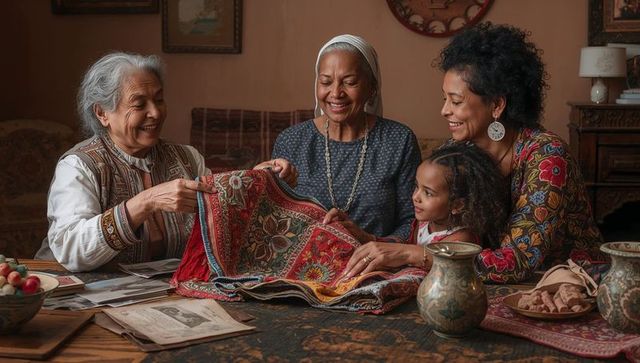 Multigenerational women sharing vibrant floral rug while smiling around rustic table