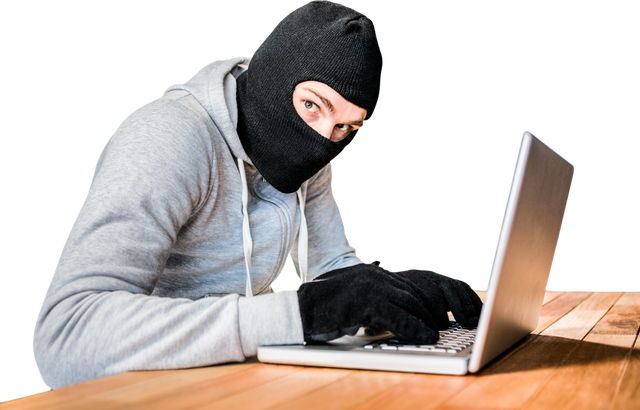 Hacker Wearing Hood Typing on Laptop on Wooden Desk Transparent Background - Download Free Stock Videos Pikwizard.com