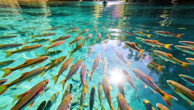 Turquoise spring shoal: colorful fish swimming toward sunlit surface with kayaker