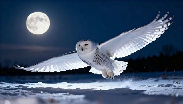 Gliding snowy owl under full moon over snow-covered tundra, moonlight wildlife portrait