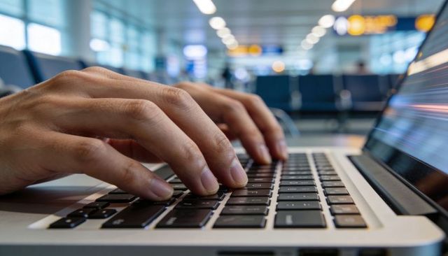 Traveler Typing on Laptop at Busy Airport Gate, Remote Work Productivity and Focus