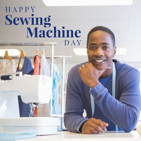 smiling tailor celebrating sewing machine day - Download Free Stock Templates Pikwizard.com