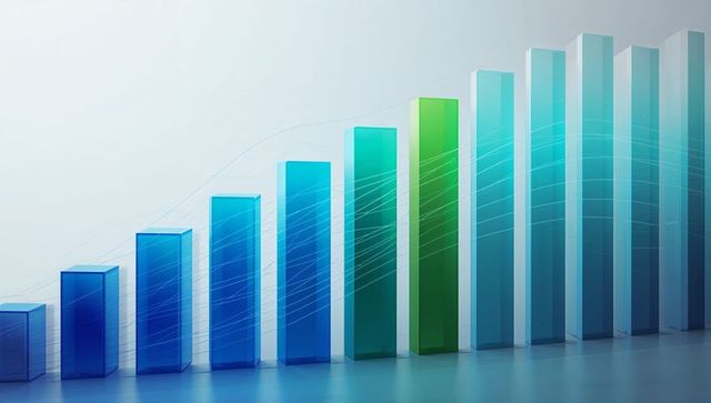 Rising 3d glass bar chart showing glossy blue-green columns with white trend lines