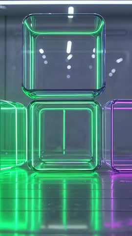 Shifting Neon Glow Driving Stacked Transparent Cubes Changing Green to Purple Vertical Loop