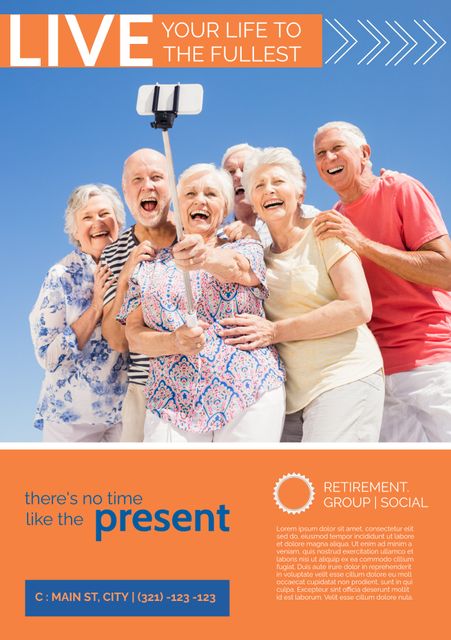 Promoting active senior living, the image captures a group of joyful elderly friends taking a selfie, embodying vitality and companionship. Ideal for retirement community ads, it can also illustrate social events or tech use among seniors.