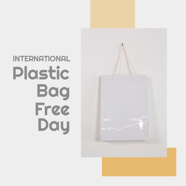 Poster promoting International Plastic Bag Free Day featuring a white paper bag hung against a white background. Ideal for eco-campaigns, social media posts, environmental awareness events, and sustainability projects. Emphasizes the movement against single-use plastic and encourages the use of reusable, eco-friendly options.