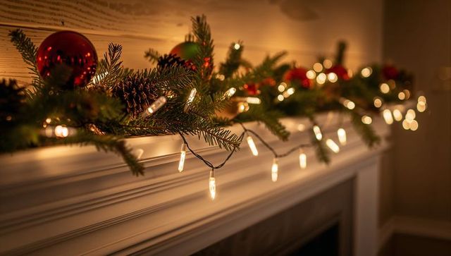 Cozy christmas mantel garland with warm lights, pinecones and red green ornaments