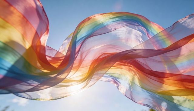 Billowing rainbow silk fabric flowing through sunlit sky with translucent color waves