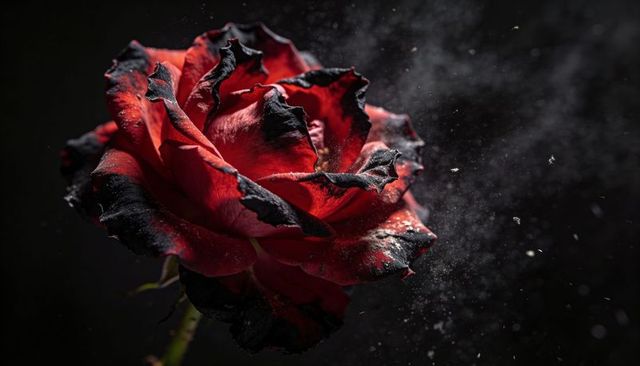Charred red rose bloom showing scorched petals, blackened edges and floating ash mist