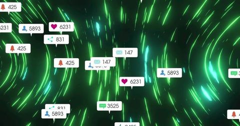 Neon Cyber Tunnel with Floating Social Media Notifications, Metrics, and Data Alerts