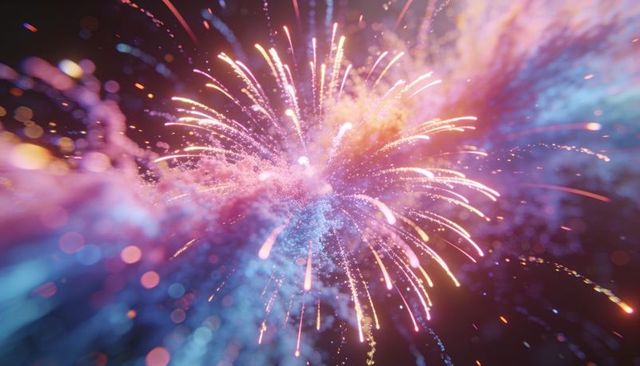 Radiating multicolored fireworks burst exploding with glittering sparks and bokeh trails