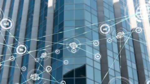 Digital Networking over Modern Corporate Skyscraper Background