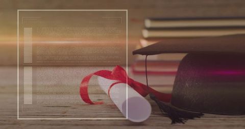 Graduation Cap and Diploma on Wooden Table with Digital Overlay