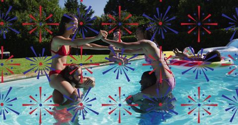 Diverse Friends Enjoying Playful Pool Party with Digital Overlay