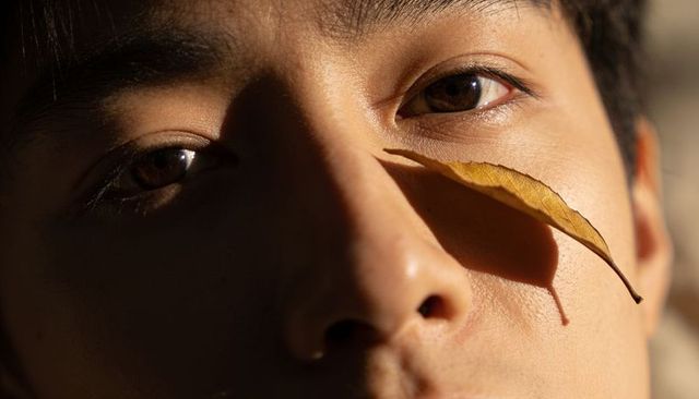 Close-up asian teen male portrait with dried leaf casting dramatic warm shadow