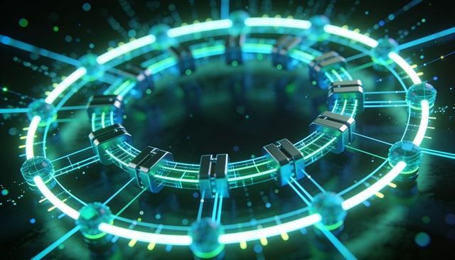 Glowing futuristic circuit rings with connector nodes, metallic clamps and neon spheres