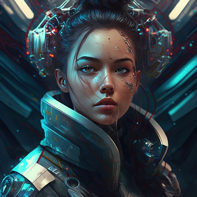 Image depicts a woman with a futuristic helmet and neural implants, perfect for illustrating cyberpunk themes, science fiction media, technology advancements, digital art, or character design in gaming and storytelling.