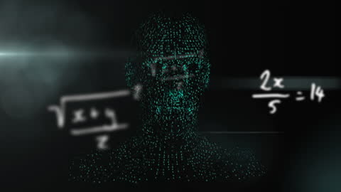 Digital Human Bust with Binary Code and Mathematical Formulas