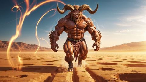 Epic demonic mythological beast striding desert with fiery swirls
