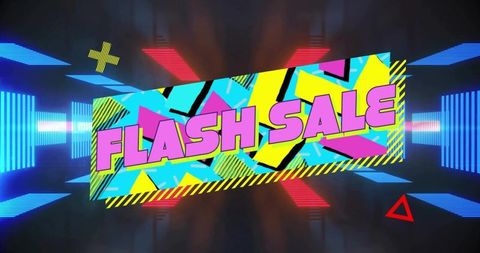 Neon retro flash sale banner with geometric pop art, hazard stripes and stage lights