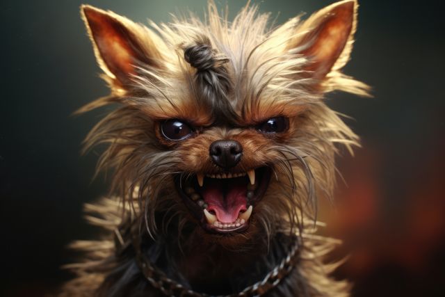Small terrier angry dog with open mouth on black background created using generative ai technology. Animals, pets and nature concept digitally generated image.