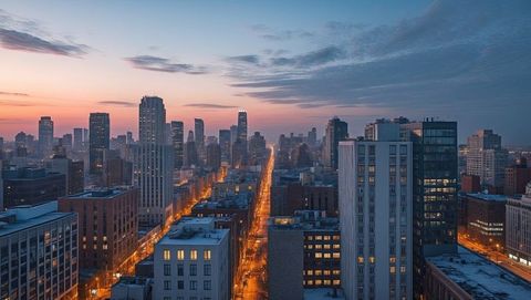 Stunning Urban Cityscape with Glowing Skyline at Dusk