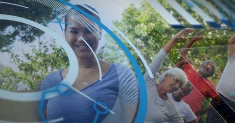 Female Fitness Instructor Leading Outdoor Senior Stretching Class Futuristic HUD Overlay
