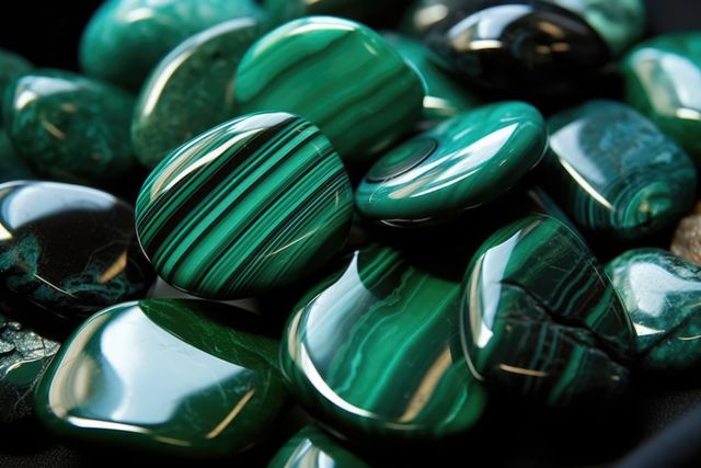 Close-up view of polished malachite stones showcasing their vibrant green patterns and natural textures. Perfect for use in articles on gemstones, mineral collections, jewelry design, or natural healing practices.
