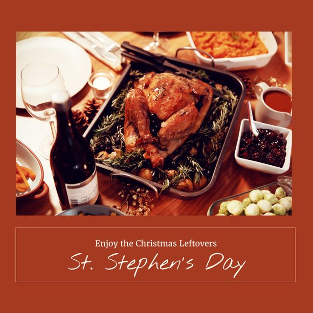 Composition of st stephen's day text and christmas dinner with turkey and side dishes on table. St stephen's day, boxing day, christmas tradition and celebration concept digitally generated image.