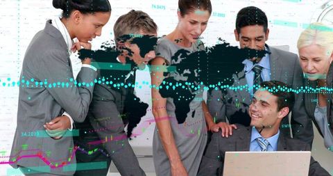 Global business team collaborating on data analytics with interactive world map overlays