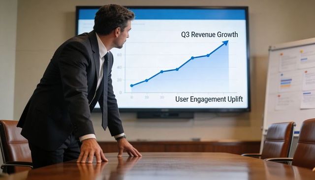 Executive leaning over boardroom table reviewing q3 revenue growth and user engagement