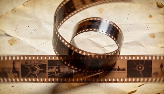 Coiling 35mm film strip on aged creased paper, sepia vintage sprocket detail