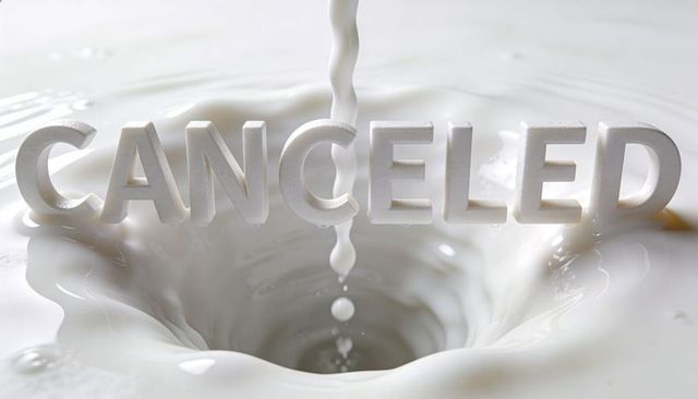 Floating canceled letters sinking into pouring white liquid vortex