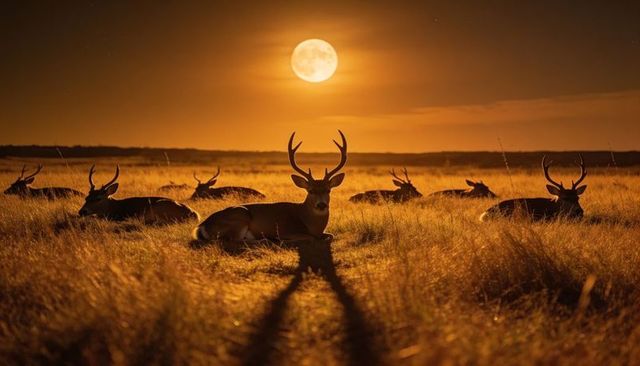 Moonlit stag herd resting on golden grassland under full moon casting long bold shadows