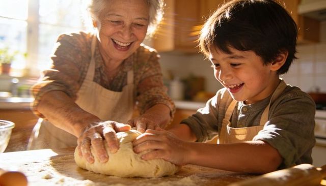 Elderly woman and young boy kneading dough in sunlit kitchen bonding across generations