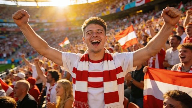 Young fan cheering in red and white scarf raising arms in packed stadium at golden hour